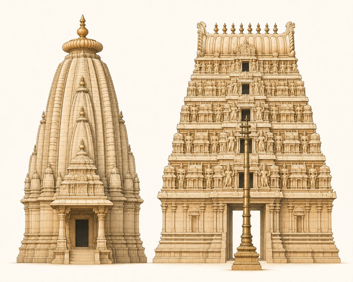 Architectural drawing comparing two Hindu temple styles: a North Indian Nagara temple with a tall curved shikhara tower, and a South Indian Dravidian gateway with a stepped gopuram and a metal flagstaff.